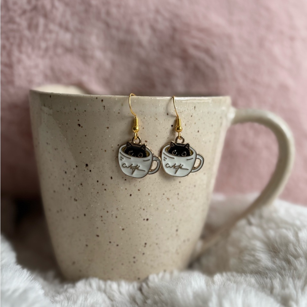 Charming Cat Coffee Gold and Black Earrings, Cute Earrings, Coffee Lovers, Gifts